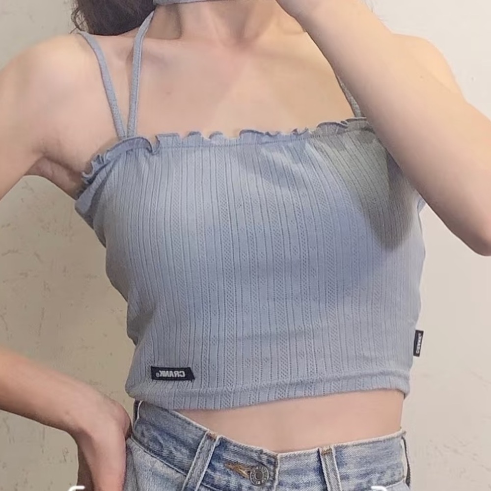 Korean Brand CRANK Halter Eyelet Cami Top In Blue | OS